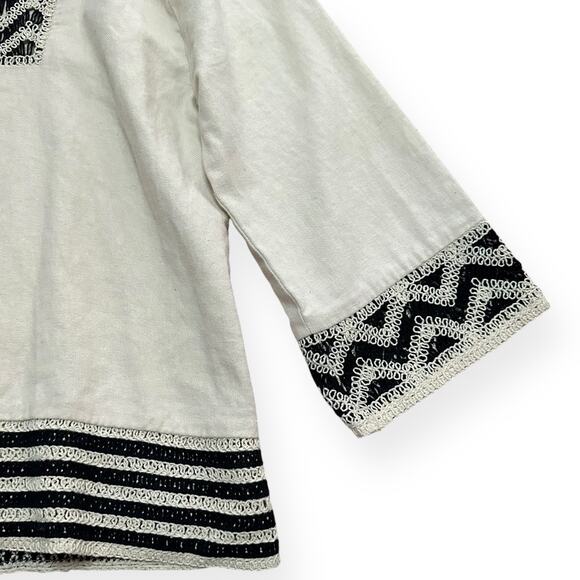 ZARA Crochet Linen Blend Tunic Top Beach Coastal V-Neck Cream Black Relaxed - Picture 10 of 16